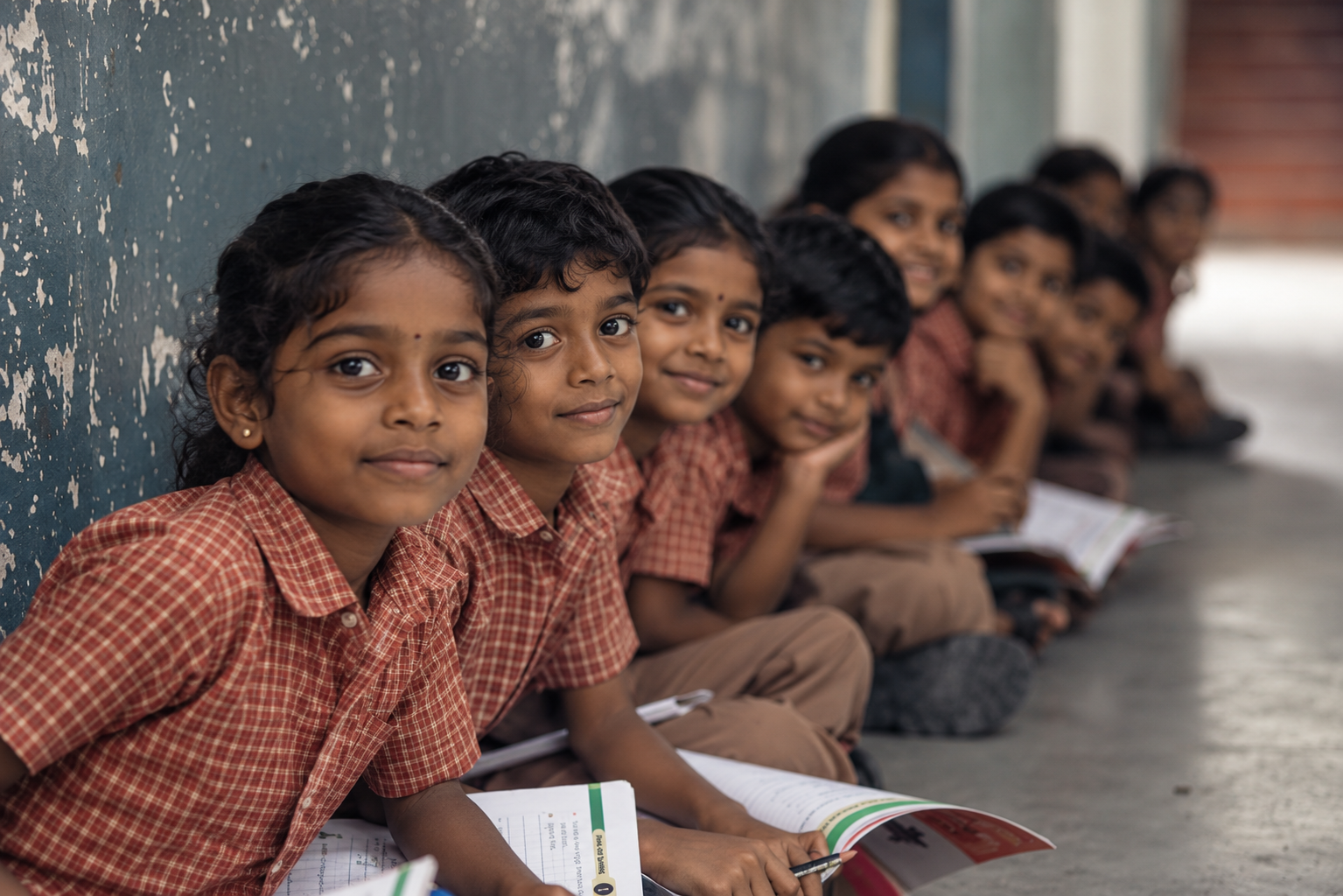 Schoolchildren in uniform seated along a painted wall