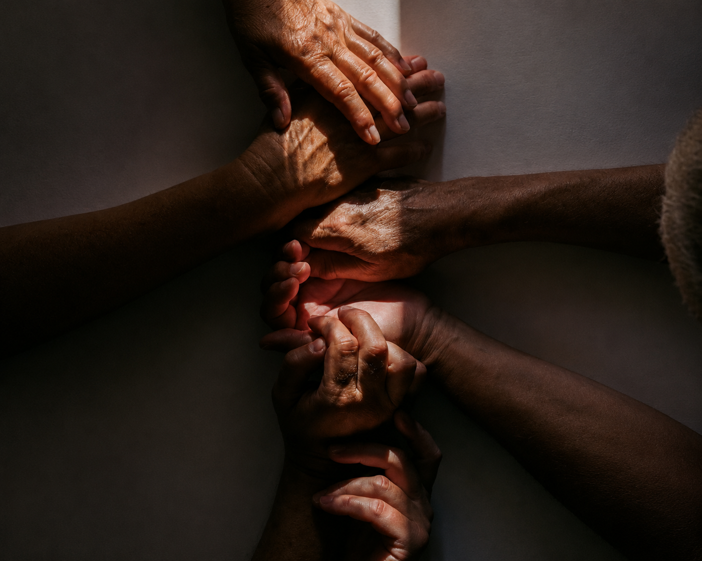 Hands of different ages and skin tones stacked together in warm light