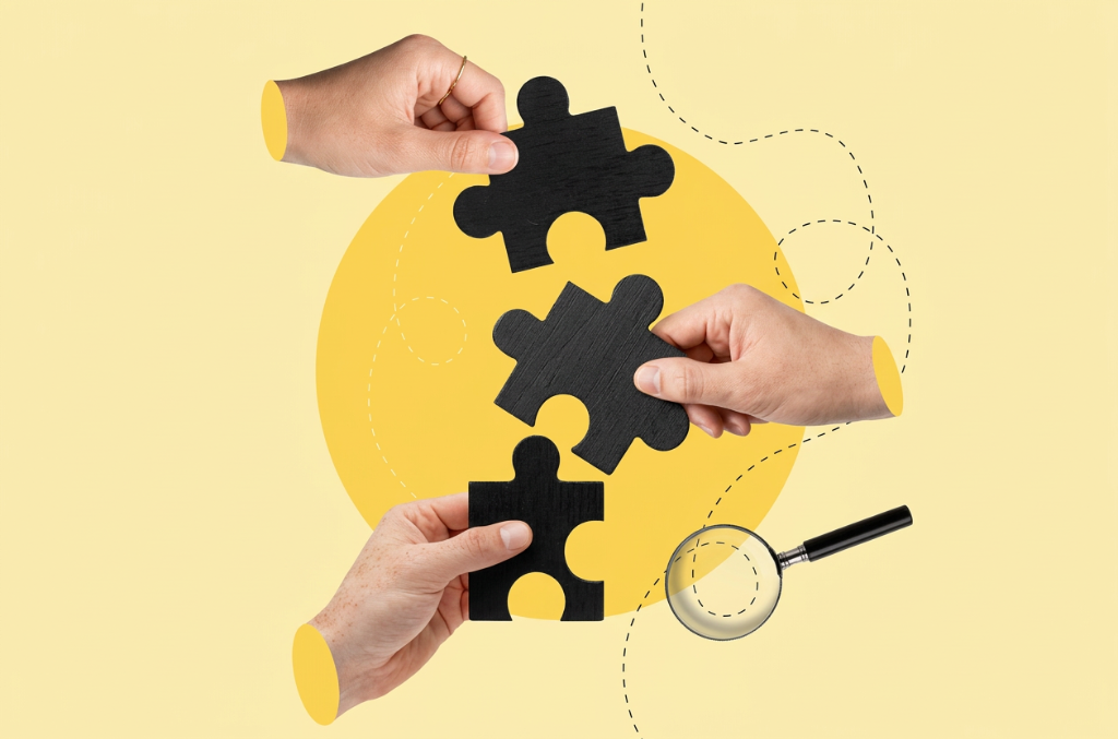 Hands fitting puzzle pieces together representing ideas and people