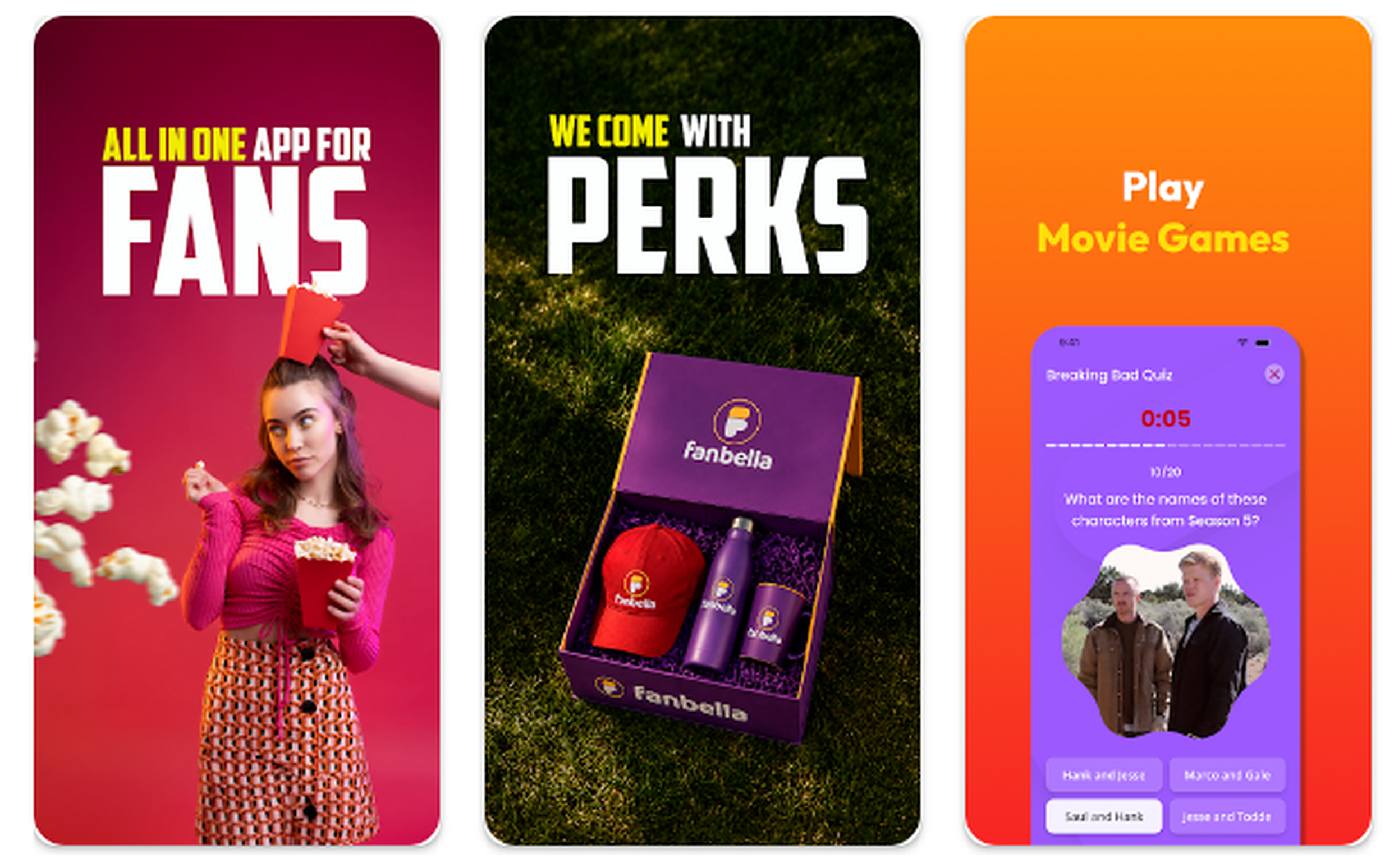 Fanbella app screens for fans, perks, and movie games