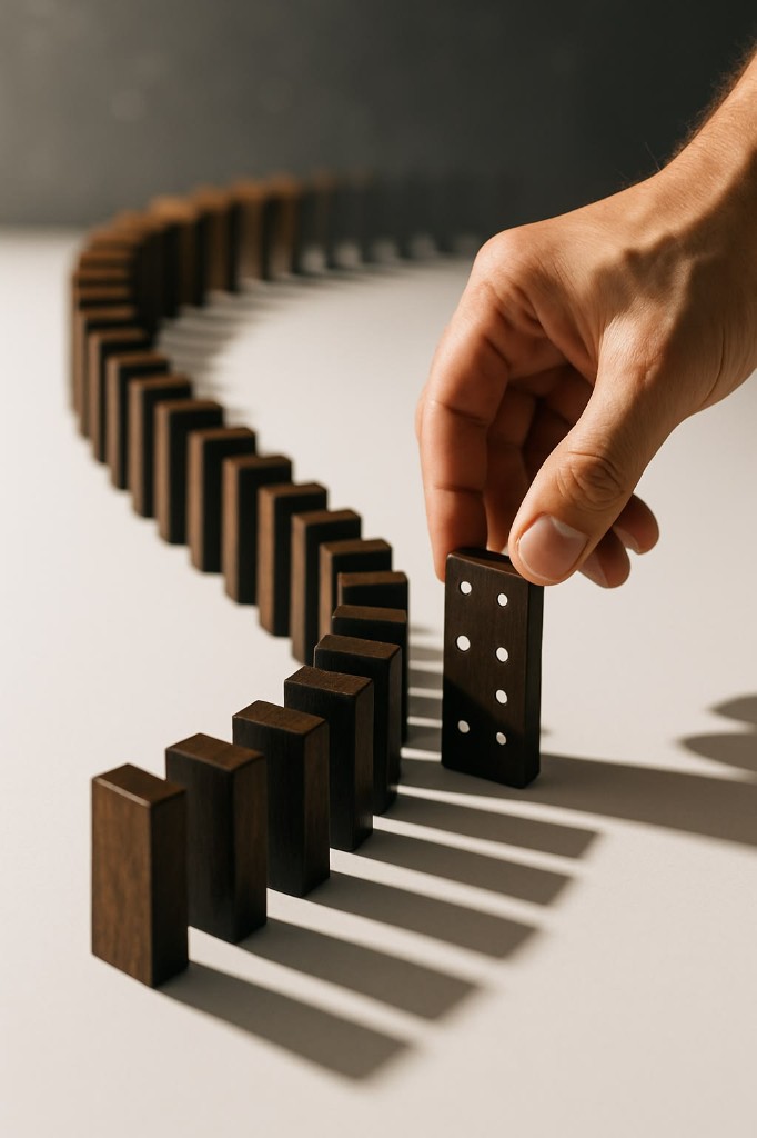 A hand placing wooden dominoes along a winding path
