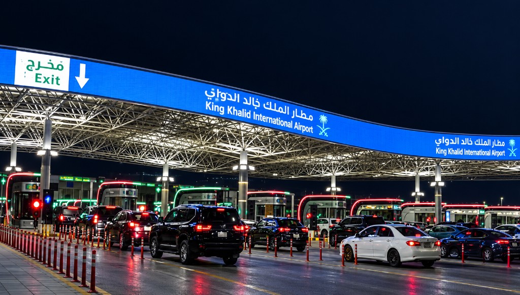 An outdoor LED canopy at night