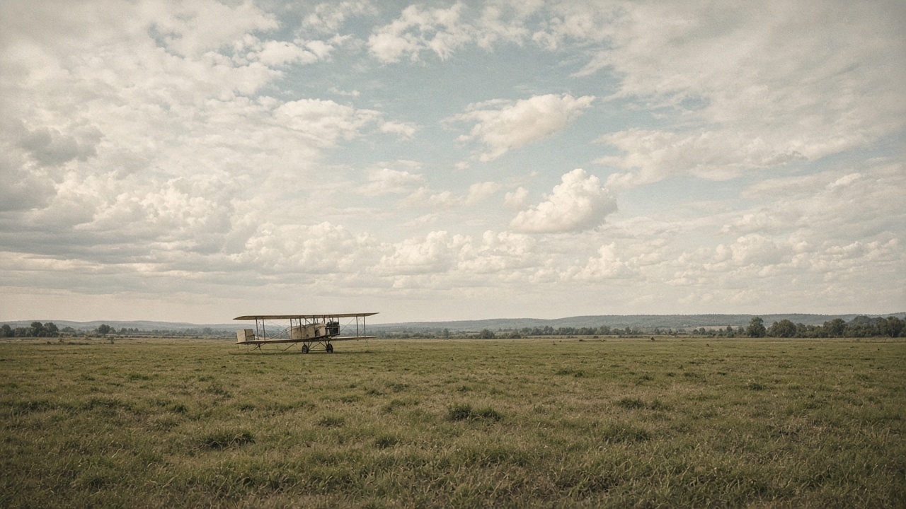 An early biplane on an open field