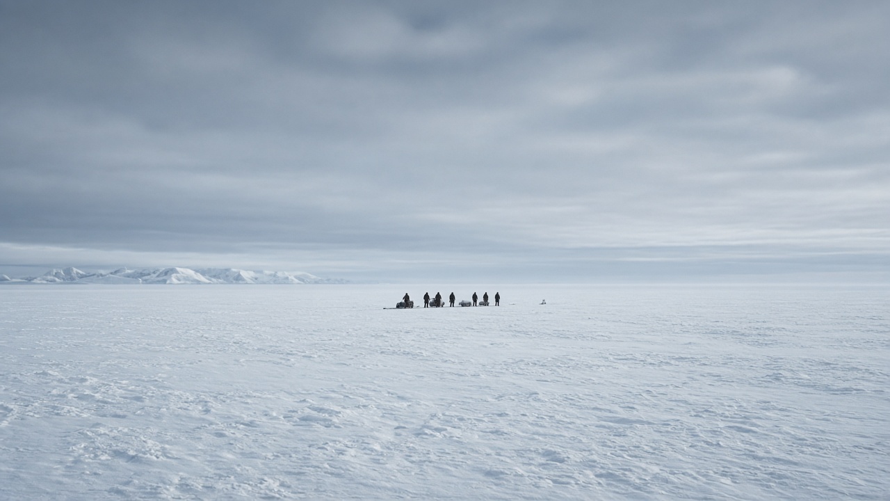 A polar landscape with a distant expedition