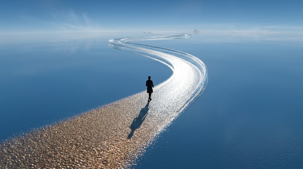 A lone figure walking a winding path across open water